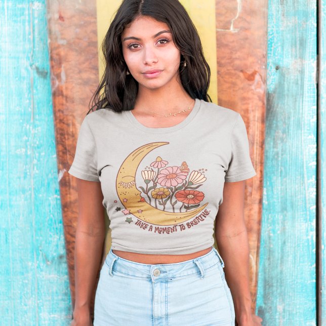 Boho Retro Flowers Moon Summer Vibe Take A Moment T-Shirt (Creator Uploaded)