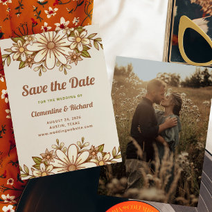 Boho Retro Flowers Photo Back Wedding Save The Date