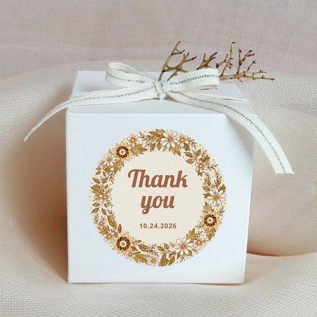 Boho Retro Flowers | Wedding Thank You Classic Round Sticker (A vintage style thank you sticker with retro script and flowers)
