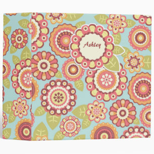 Boho Retro Funky Flowers Floral Pattern (Blue) 3 Ring Binder