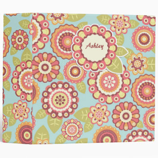 Boho Retro Funky Flowers Floral Pattern (Blue) 3 Ring Binder