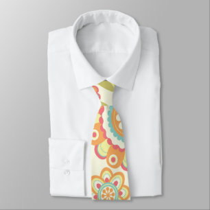 Boho Retro Funky Flowers Floral Pattern (Cream) Neck Tie