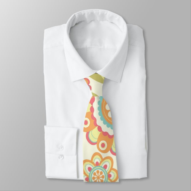 Boho Retro Funky Flowers Floral Pattern (Cream) Neck Tie (Tied)