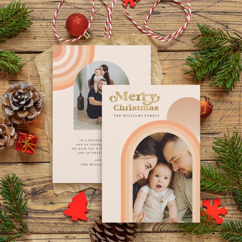 Boho Retro Groovy Arch Merry Christmas Photo Holiday Card