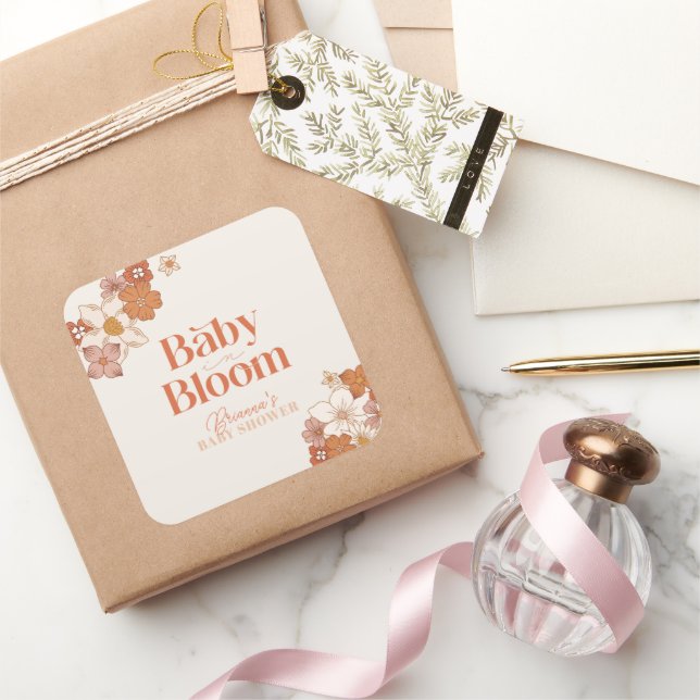 Boho Retro Groovy Floral Baby Shower Square Sticker (Gifting)