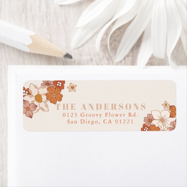 Boho Retro Groovy Orange Floral Label (Insitu)