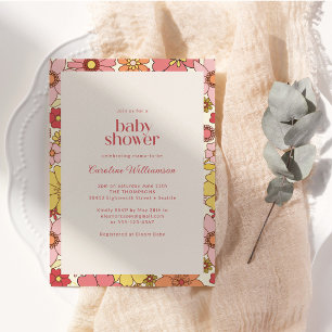 Boho Retro Groovy Pink Orange Floral Baby Shower Invitation