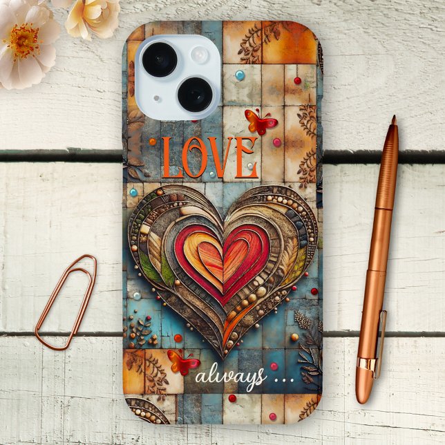 Boho Retro Heart Abstract Art Phone Case (Phone case featuring an abstract boho chic design with a heart, colorful pearls and butterflies)