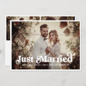 Boho Retro Just Married 3 Photo Announcement Card (Front/Back)