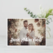 Boho Retro Just Married 3 Photo Announcement Card (Standing Front)