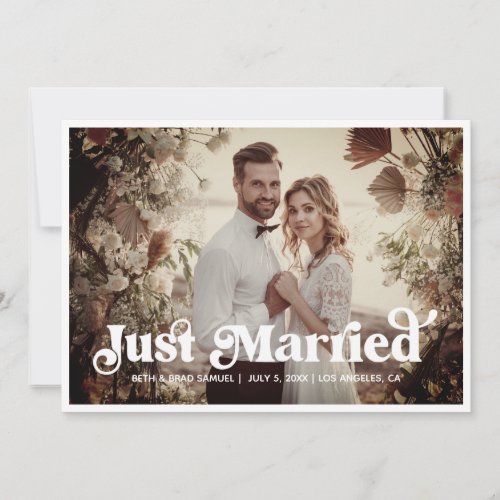Boho Retro Just Married 3 Photo Announcement Card