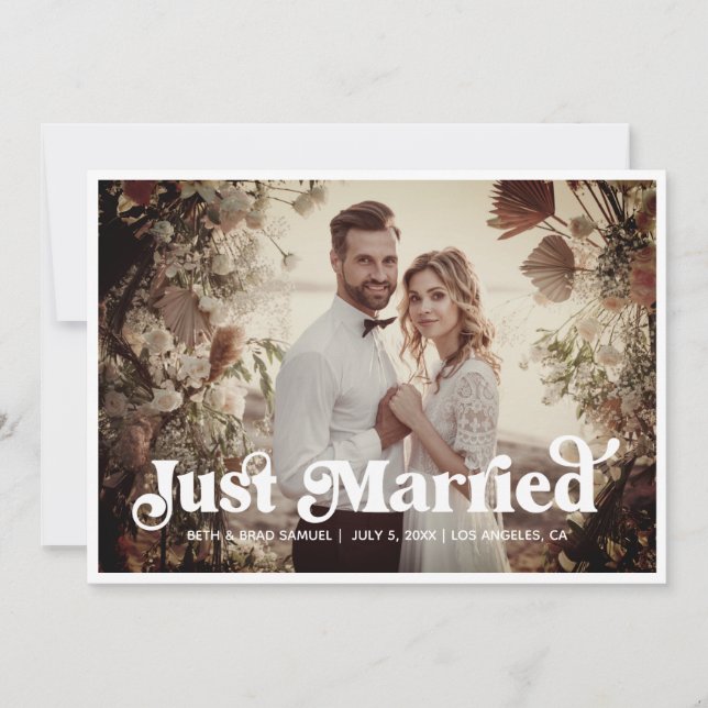 Boho Retro Just Married 3 Photo Announcement Card (Front)