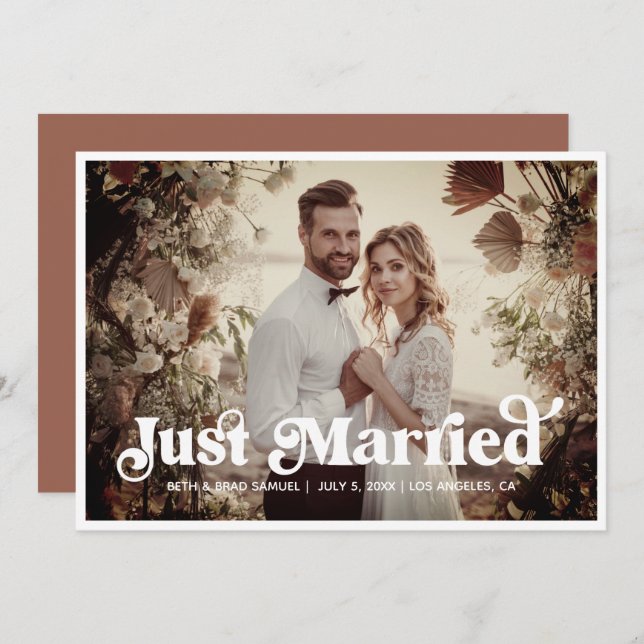 Boho Retro Just Married Photo Announcement Card (Front/Back)