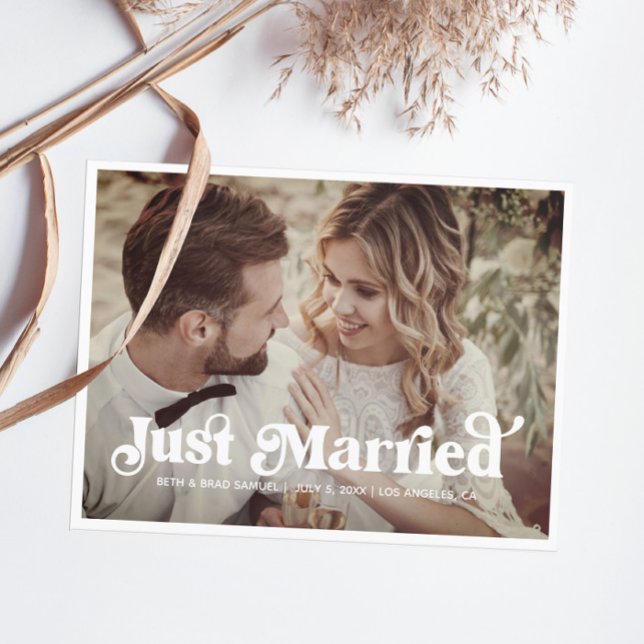 Boho Retro Just Married Photo Postcard (Creator Uploaded)
