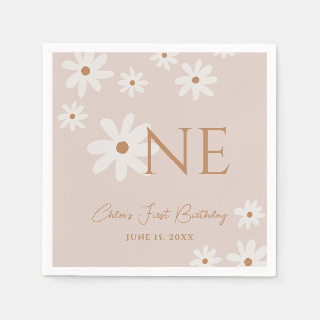 Boho Retro Light Brown Daisy Floral First Birthday Napkins (Front)