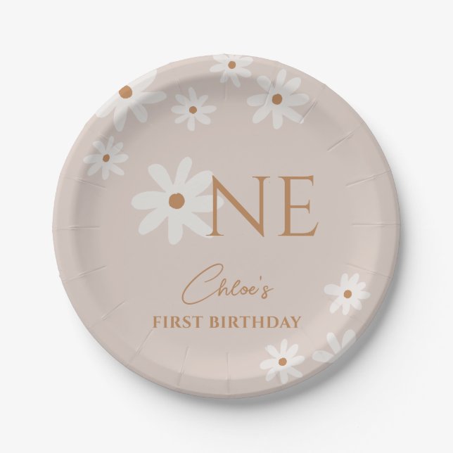 Boho Retro Light Brown Daisy Girl First Birthday Paper Plates (Front)