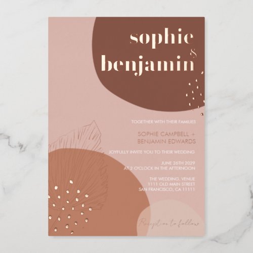 Boho Retro Modern Terracotta Wedding Rose Gold Foil Invitation