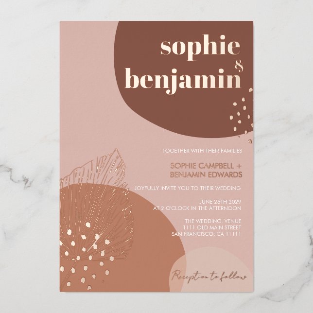 Boho Retro Modern Terracotta Wedding Rose Gold Foil Invitation (Front)