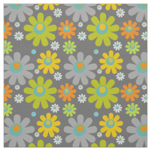 Boho Retro Multicolor Daisies on Gray Fabric