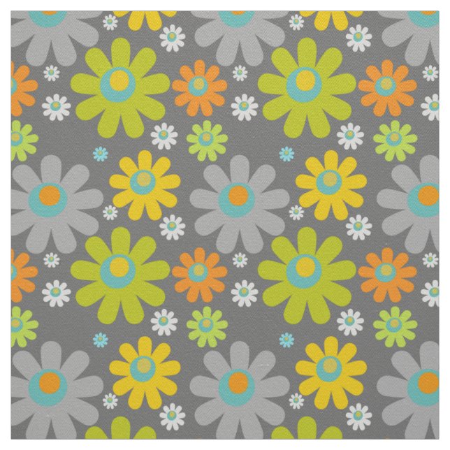 Boho Retro Multicolor Daisies on Gray Fabric (Swatch)