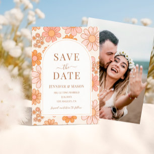 Boho Retro Orange Daisy Floral Save The Date Photo Invitation