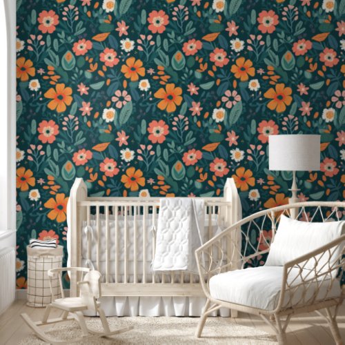 Boho Retro Orange Green Florals Flowers Wallpaper