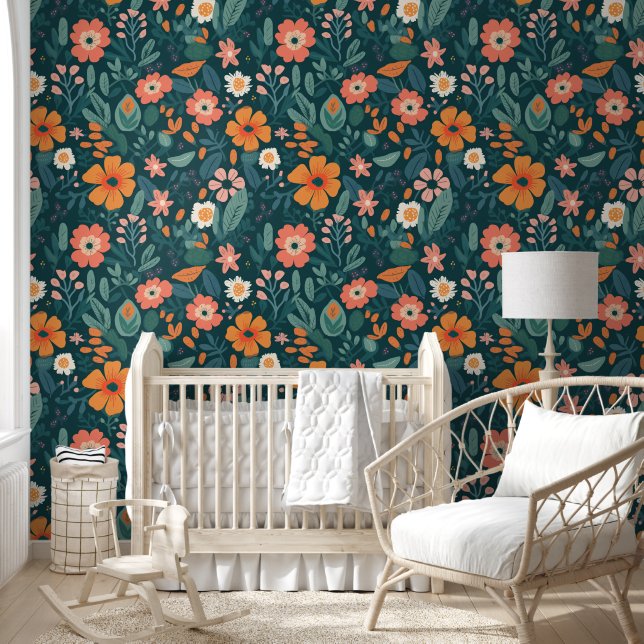 Boho Retro Orange Green Florals Flowers Wallpaper (Kids)
