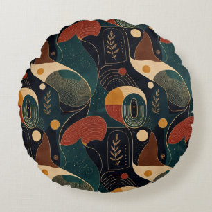 Boho Retro Organic Shapes in Navy Teal Terracotta Round Pillow