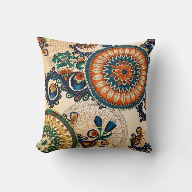 Boho Retro Paisley Circle Abstract Colorful Throw  Throw Pillow (Front)