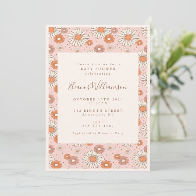 Boho Retro Pastel Pink Floral Baby Shower Invitation (Standing Front)