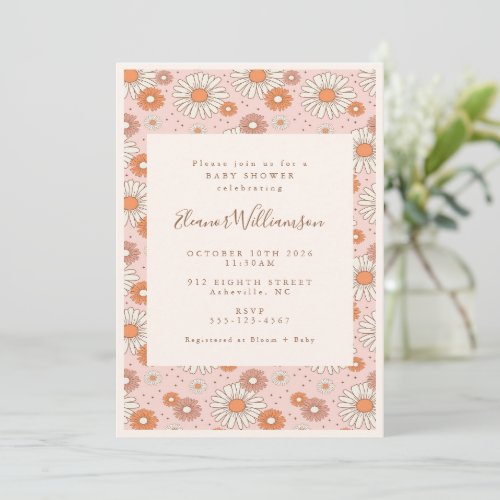 Boho Retro Pastel Pink Floral Baby Shower Invitation