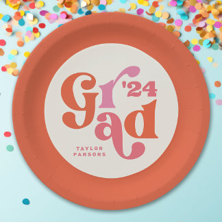 Boho Retro Pink And Orange Graduation Paper Plates