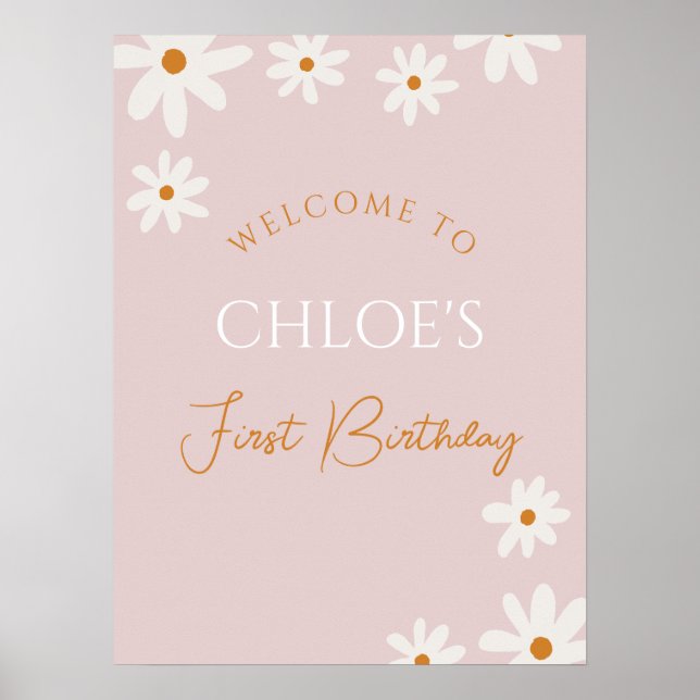 Boho Retro Pink Daisy Girl First Birthday Welcome Poster (Front)
