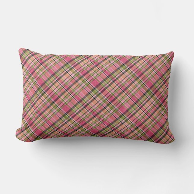 Boho Retro Pink/Green Plaid Coordinating Lumbar Pillow (Front)