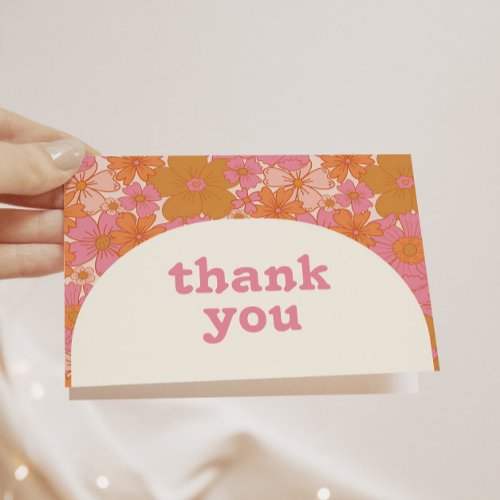 Boho Retro Pink Groovy Floral Arch Thank You Card