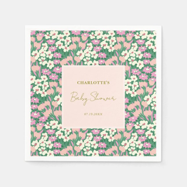 Boho Retro Pink Sage Floral Baby Shower Napkins (Front)