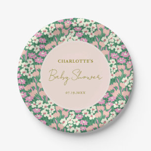 Boho Retro Pink Sage Floral Baby Shower Paper Plates