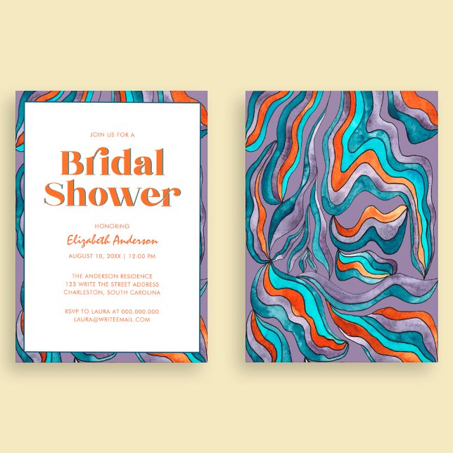 Boho Retro Purple Typography Wavy Bridal Shower Invitation (Front and Back)