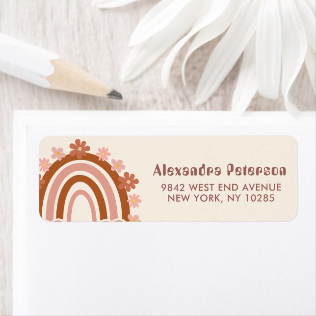 Boho Retro Rainbow Daisy Flowers Earthy Terracotta Label (Insitu)