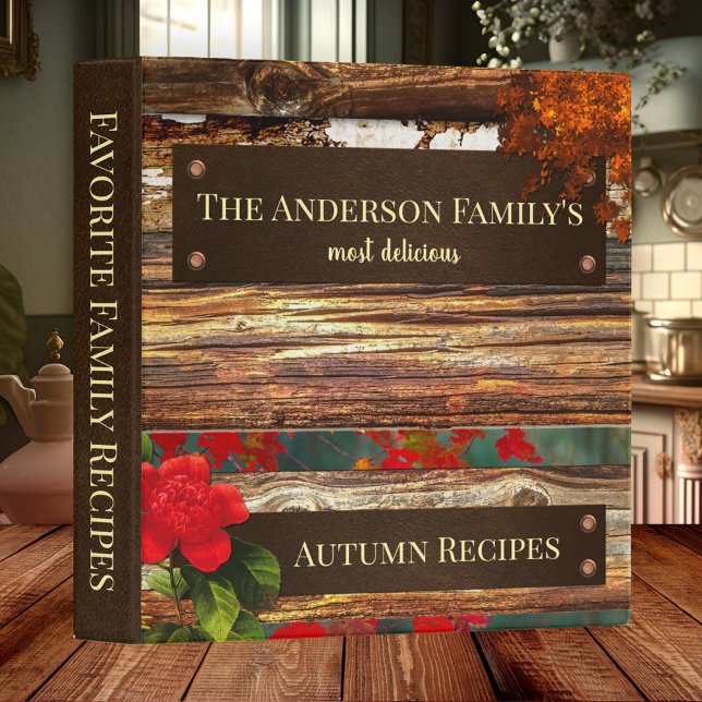 Boho Retro Rustic Family Recipe Binder (Bohemian style rustic family recipe binder with wood, flowers and autumn leaves)