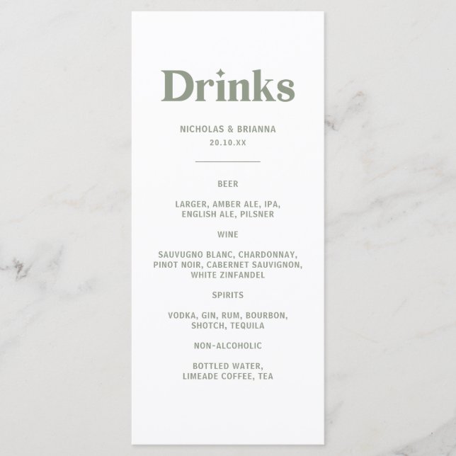 Boho Retro Sage Green Wedding Drinks Menu (Front)
