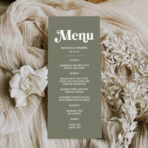 Boho Retro Sage Green Wedding  Menu