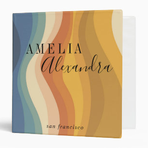 Boho Retro Script Abstract Wavy Lines Yellow Blue 3 Ring Binder