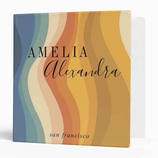 Boho Retro Script Abstract Wavy Lines Yellow Blue 3 Ring Binder (Front/Inside)