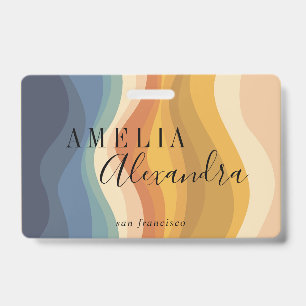 Boho Retro Script Abstract Wavy Lines Yellow Blue Badge