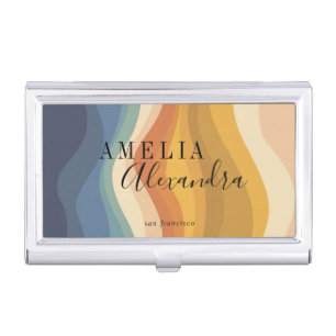 Boho Retro Script Abstract Wavy Lines Yellow Blue Business Card Case