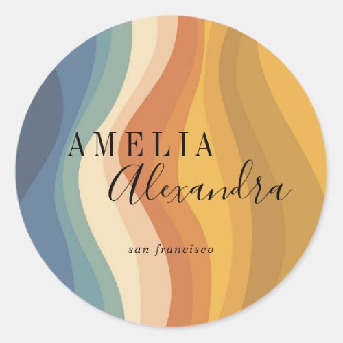 Boho Retro Script Abstract Wavy Lines Yellow Blue Classic Round Sticker