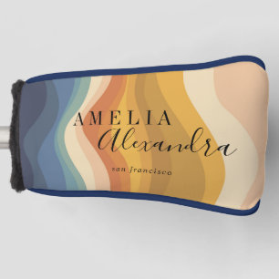Boho Retro Script Abstract Wavy Lines Yellow Blue Golf Head Cover