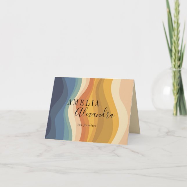 Boho Retro Script Abstract Wavy Lines Yellow Blue Letterpress Thank You Card (Front)