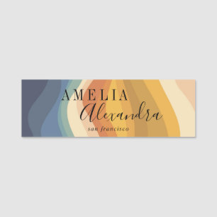 Boho Retro Script Abstract Wavy Lines Yellow Blue Name Tag